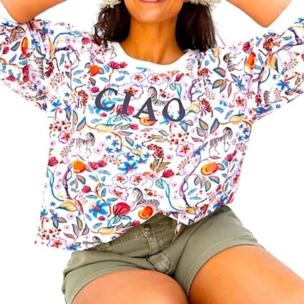 Anthropologie Ciao Floral Crew Neck Multicolor Animal Sweater